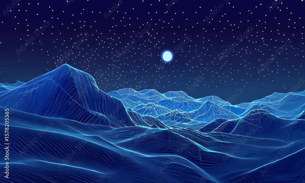 Poster abstract digital blue background with dots and lines in the form of an illuminated mountain landscap