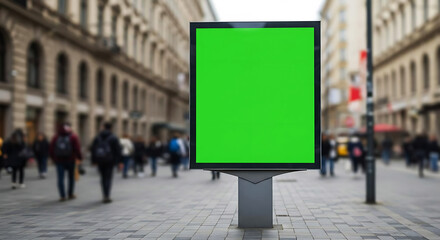 green screen billboard in urban street, city advertising mockup, people passing by blurred, editable screen, daylight