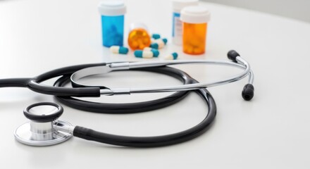 A Stethoscope and Prescription Bottles Convey Medical Care and Treatment