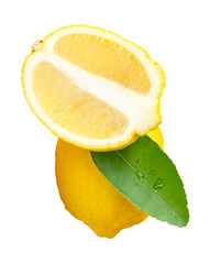 Front view of ripe yellow lemon fruit with half and one green leaf in oval or ellipse in heap...