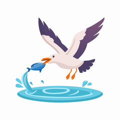 Cartoon Seagull Catching Fish Above Water with Splash and Ripples