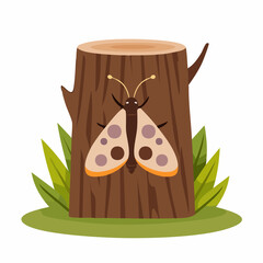 A Colorful Moth Resting on a Detailed Tree Stump with Greenery