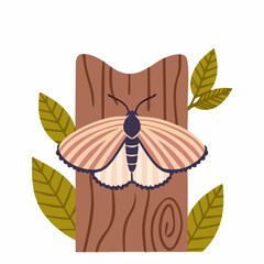 A Detailed Illustration of a Moth Resting on a Wooden Trunk