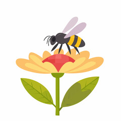 Cartoon Bee Landing on a Yellow Flower with Green Leaves.