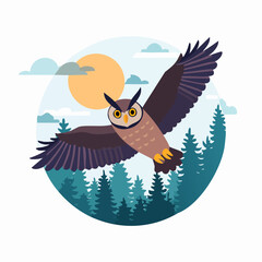 Majestic Owl Soaring Above Forest with Sun and Clouds in Sky