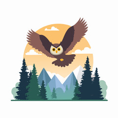 Majestic Owl Soaring Above Forest Mountains at Sunset.