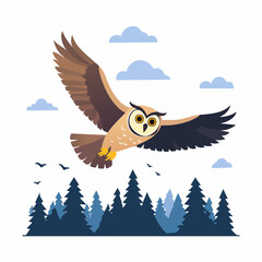 Majestic Owl Soaring Above Forest with Clouds in a Vector Illustration
