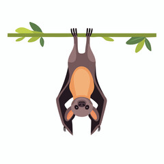 Cartoon Bat Hanging Upside Down on a Green Branch with Leaves.
