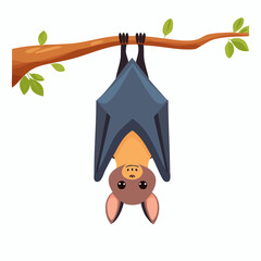 Cartoon Bat Hanging Upside Down on a Branch with Green Leaves