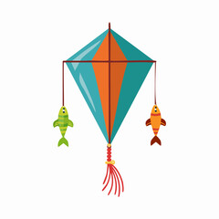 Colorful Kite with Fish Decorations, Hanging from Strings, Playful Design