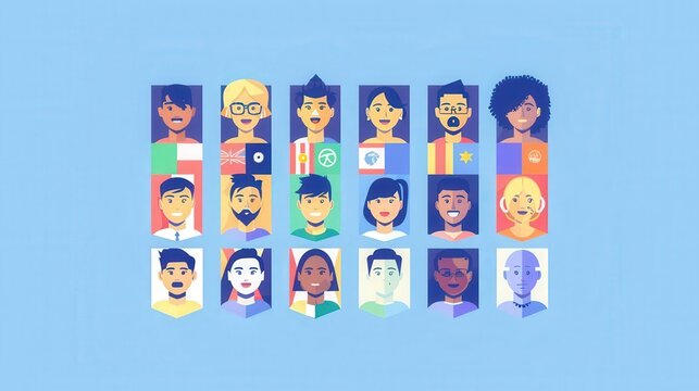 flat design global team video call with diverse avatars and flags .