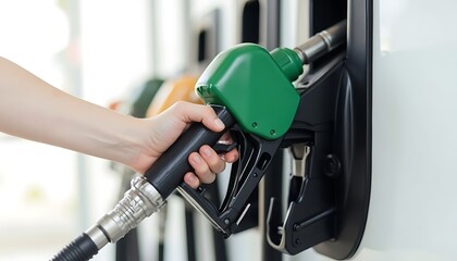 Green Gas Nozzle in Hand at Gas Station