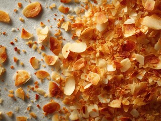 Close-up of chopped toasted nuts with golden brown and creamy beige fragments on a neutral background