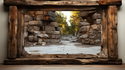 Rustic Wooden Door Frame with Open Space, Vintage Architecture,