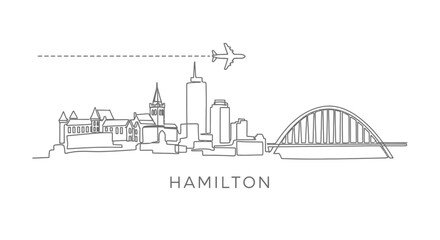 Obraz premium Hamilton Skyline with Canada Line Art, and Airplane.
