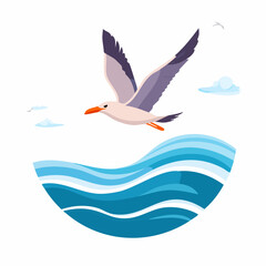 Seagull Soaring Above Stylized Ocean Waves