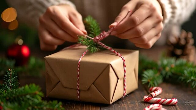 Gift wrapping in progress, hands tying red/white string around craft paper box with sprig, festive tabletop setting