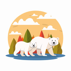 Naklejka premium Polar Bear Family Walking by Autumnal Forest