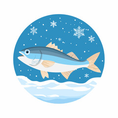 Fototapeta premium Cartoon Fish with Open Mouth in Winter Scene with Snowflakes