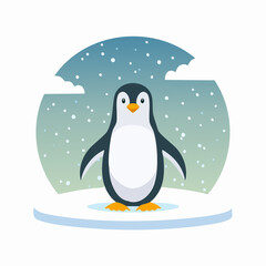Obraz premium Cute Cartoon Penguin on Ice Floe Under Snowy Sky