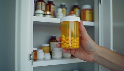 Pill Bottle Held in Front of Medicine Cabinet