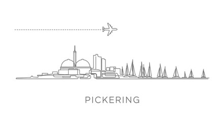 Obraz premium Pickering skyline outline with airplane, Ontario, and Canada.