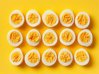Top view of boiled eggs on colorful background. Boiled egg cuts in half.