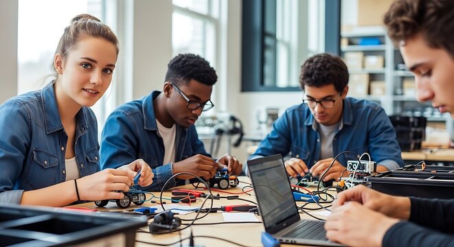 Young Engineers Collaborating on a Robotics Project, Hands-On STEM Learning with Students Building and Testing Robots