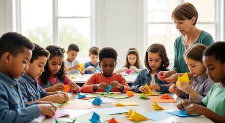 Elementary school students learning origami with their teacher,Children engaged in a colorful origami activity in a classroom setting