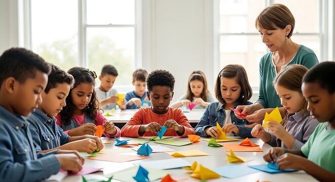 Elementary school students learning origami with their teacher,Children engaged in a colorful origami activity in a classroom setting