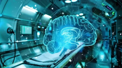 Futuristic medical laboratory showcasing advanced technology with digital hologram brain projection and innovative clinical - Powered by Adobe