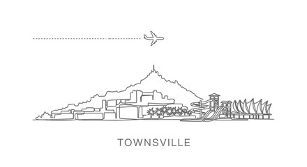 Fototapeta premium Townsville Skyline Line Art with Plane.