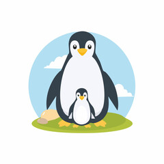 Obraz premium Adorable Penguin Family Standing Together on Green Grass, Sky Background