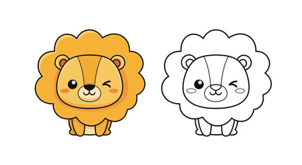 Adorable Cartoon Lion with Winking Expression, Orange and Yellow, Coloring Page Included