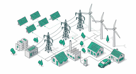 Isometric Illustration of Green Energy System: Solar Panels, Wind Turbines, and Smart Homes