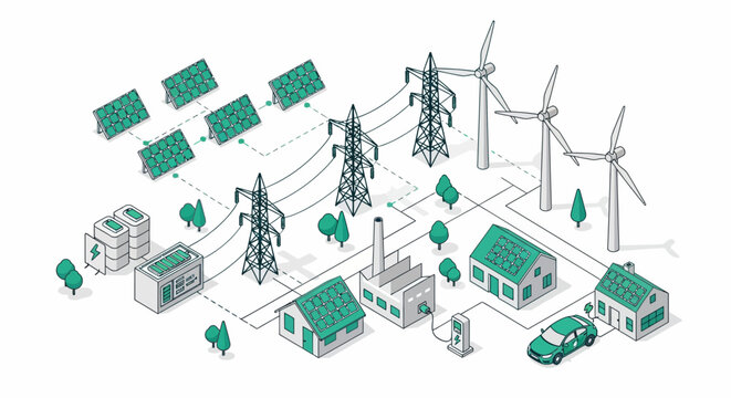 Isometric Illustration of Green Energy System: Solar Panels, Wind Turbines, and Smart Homes