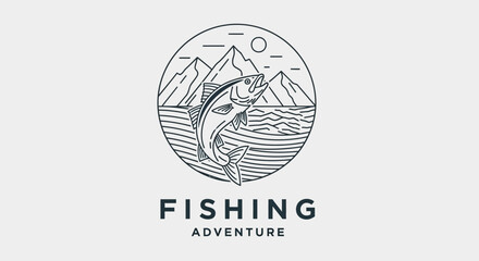 Fototapeta premium Line Art Illustration of a Leaping Fish Against a Mountain Landscape