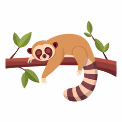 Naklejka premium Cartoon Slow Loris Resting on a Branch with Striped Tail and Leaves