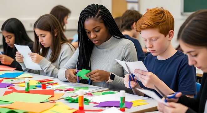 Engaged students crafting paper art together in a school classroom, Colorful paper and glue sticks adorn the tables as students cut shapes and unleash creativity