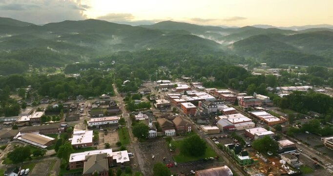 Brevard, North Carolina. Aerial view of historic small town in Blue Ridge Mountains. Classic American buildings and scenic charm in Transylvania County.