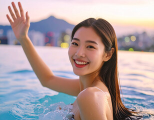 ビーチで手を振る若い女性/
Young woman waving on the beach