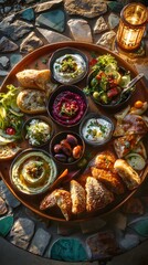 Fototapeta premium A stunning overhead shot of a Turkish meze platter featuring vibrant small dishes, breads, and dips, set against a warm, ambient background.