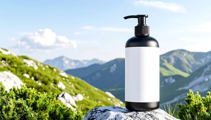 Mountain Fresh Black bottle mockup with blank label against stunning alpine scenery.