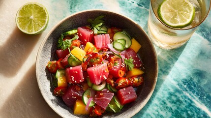 A vibrant bowl of Hawaiian poke with fresh fish and toppings, captured in bright beachy daylight for that tropical food vibe.