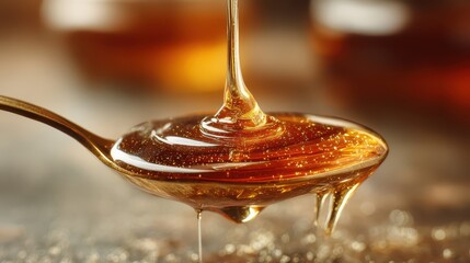 Close-up of golden honey flowing from a spoon onto a textured surface with warm lighting and soft focus