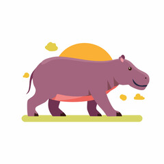 Obraz premium Cartoon Hippopotamus Walking Across Green Ground with Sun and Clouds