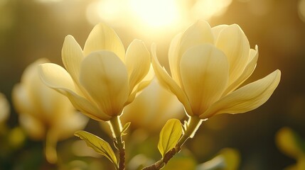 Fototapeta premium Two pale yellow magnolia blossoms bathed in golden sunlight