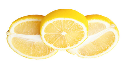 Front view of three ripe yellow lemon pieces in two ellipses and one circle slice in stack isolated...