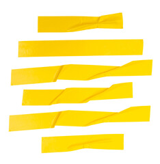 Top view set of wrinkled or crumpled yellow adhesive vinyl tape or cloth tape in stripes shape in vertical isolated with clipping path in png file format
