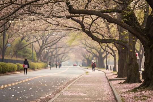 People walking along a tree lined street covered in fallen cherry blossom petals in spring